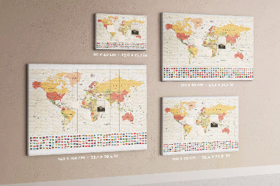 Tablero de corcho decorativo mapa del mundo con banderas de países de colores