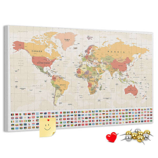 Tablero de corcho decorativo mapa del mundo con banderas de países de colores