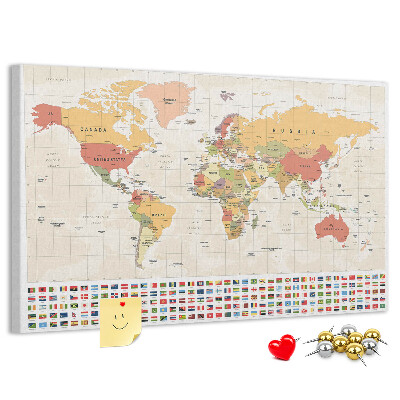 Tablero de corcho decorativo mapa del mundo con banderas de países de colores