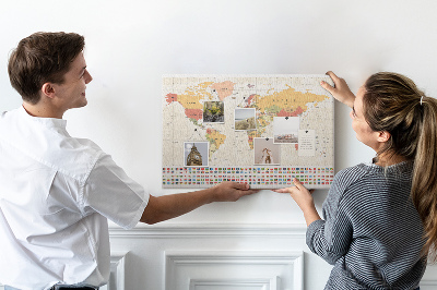 Tablero de corcho decorativo mapa del mundo con banderas de países de colores