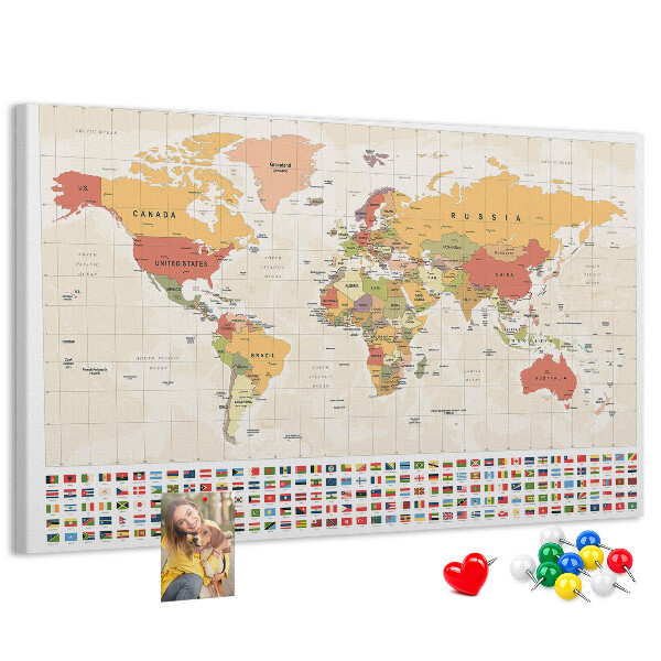 Tablero de corcho decorativo mapa del mundo con banderas de países de colores