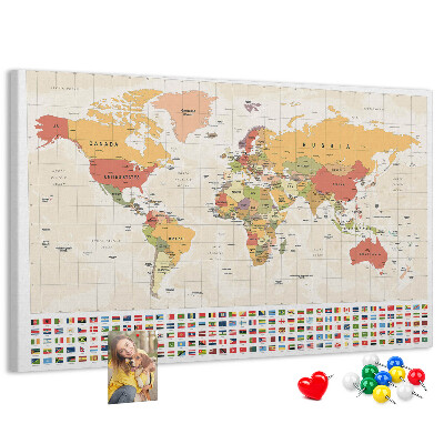 Tablero de corcho decorativo mapa del mundo con banderas de países de colores
