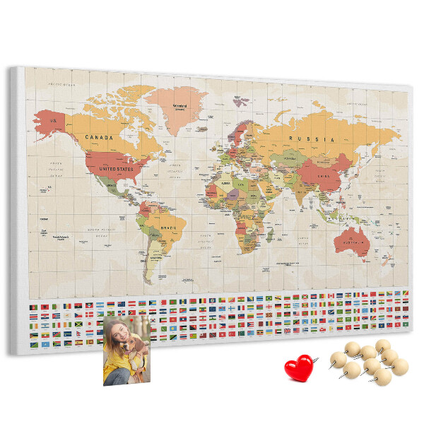 Tablero de corcho decorativo mapa del mundo con banderas de países de colores