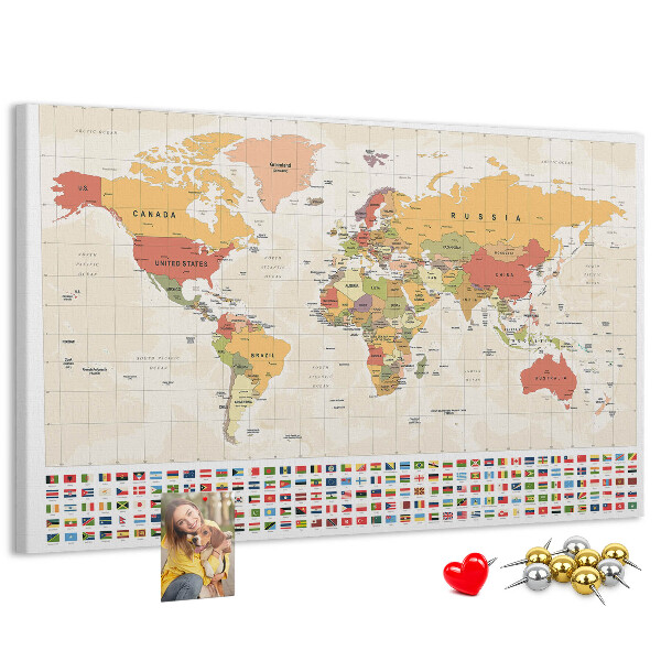Tablero de corcho decorativo mapa del mundo con banderas de países de colores
