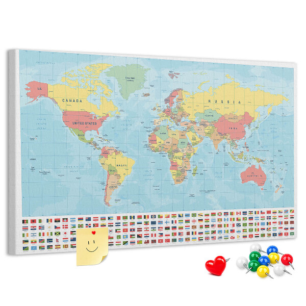 Tablero de anuncios mapa del mundo con banderas de colores