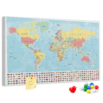 Tablero de anuncios Mapa del mundo con banderas de colores.