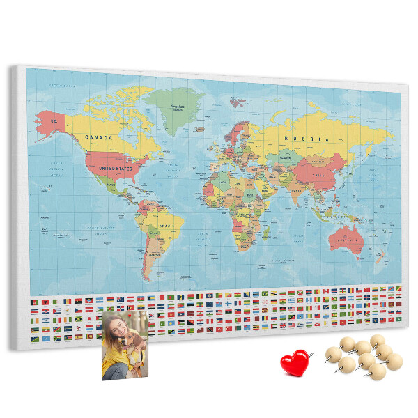 Tablero de anuncios mapa del mundo con banderas de colores