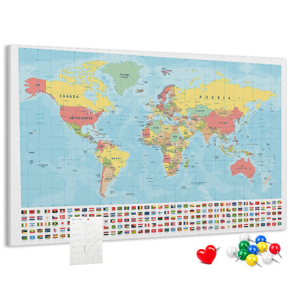 Tablero de anuncios mapa del mundo con banderas de colores