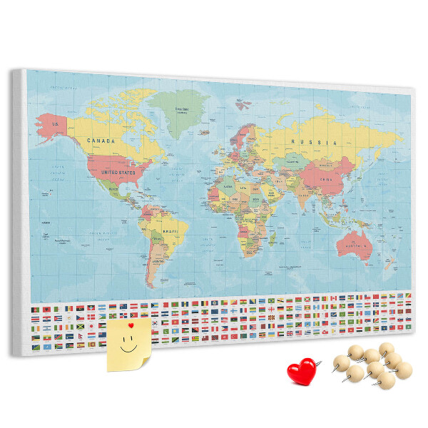 Tablero de anuncios mapa del mundo con banderas de colores