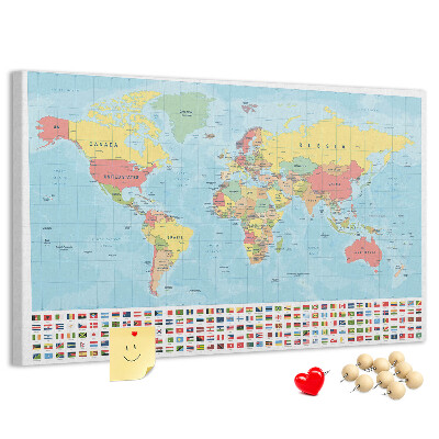 Tablero de anuncios mapa del mundo con banderas de colores
