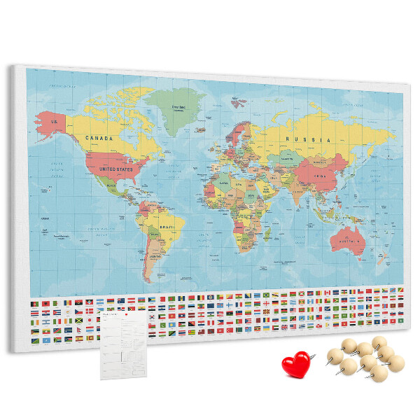 Tablero de anuncios mapa del mundo con banderas de colores