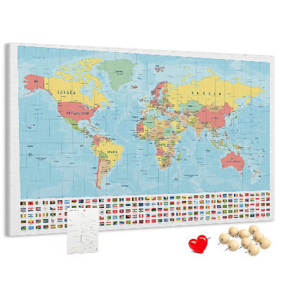 Tablero de anuncios mapa del mundo con banderas de colores