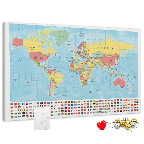 Tablero de anuncios mapa del mundo con banderas de colores