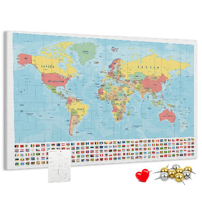 Tablero de anuncios mapa del mundo con banderas de colores