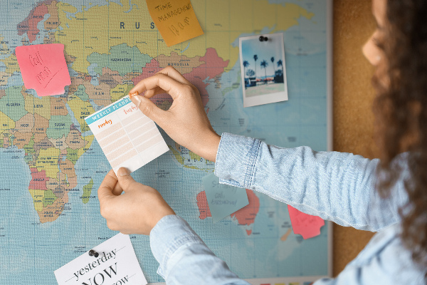Tablero de anuncios mapa del mundo con banderas de colores