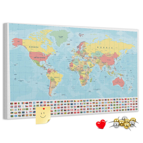 Tablero de anuncios mapa del mundo con banderas de colores