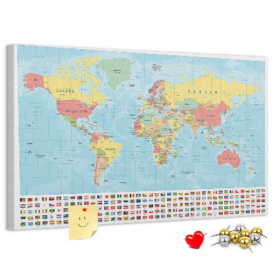 Tablero de anuncios mapa del mundo con banderas de colores