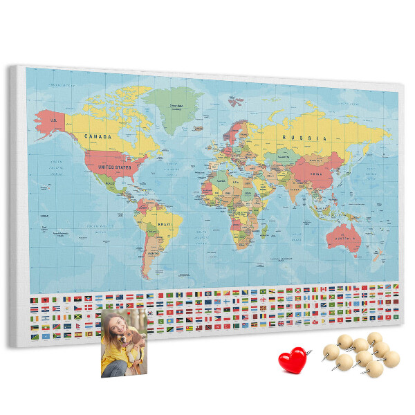 Tablero de anuncios mapa del mundo con banderas de colores