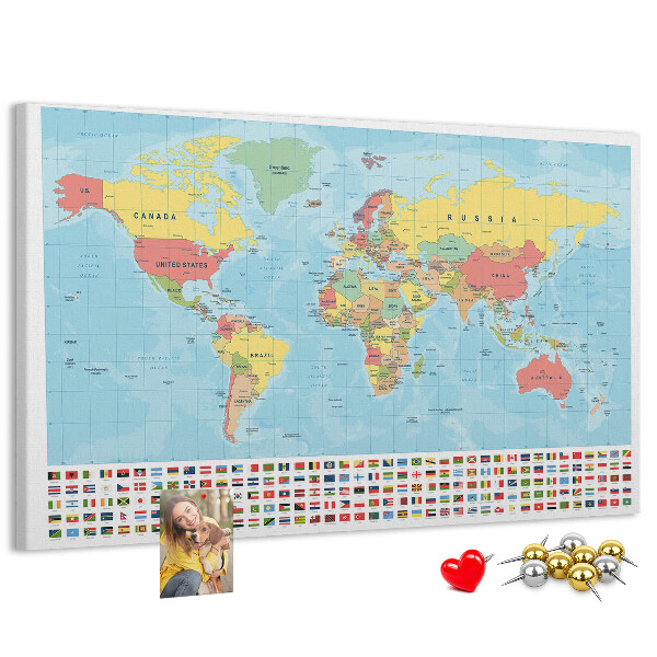Tablero de anuncios mapa del mundo con banderas de colores