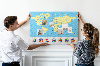 Pizarra de corcho mapamundi con banderas de países