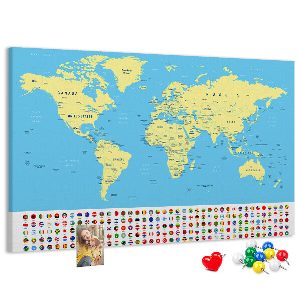 Pizarra de corcho mapamundi con banderas de países