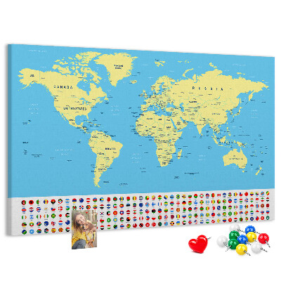 Pizarra de corcho mapamundi con banderas de países