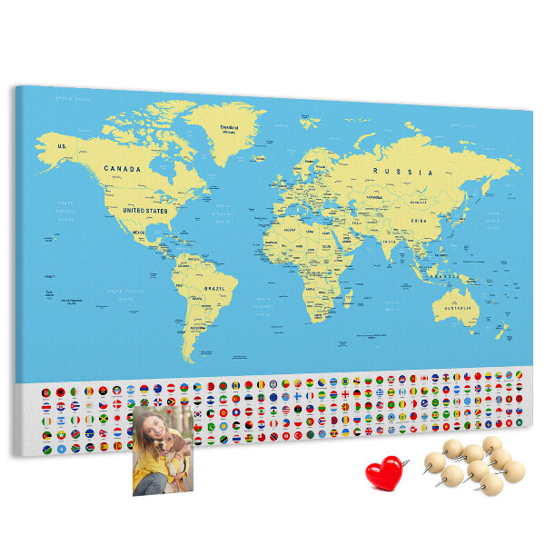 Pizarra de corcho mapamundi con banderas de países