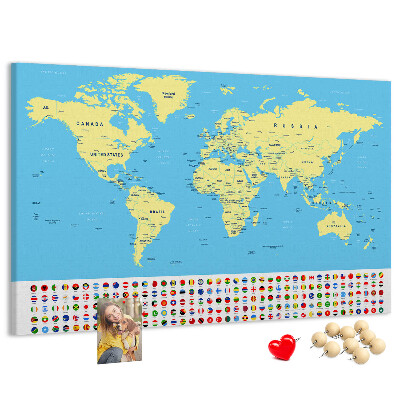 Pizarra de corcho mapamundi con banderas de países