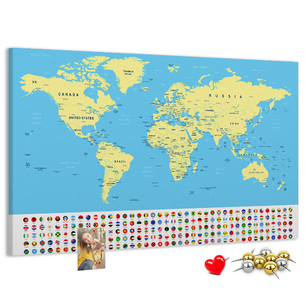 Pizarra de corcho mapamundi con banderas de países
