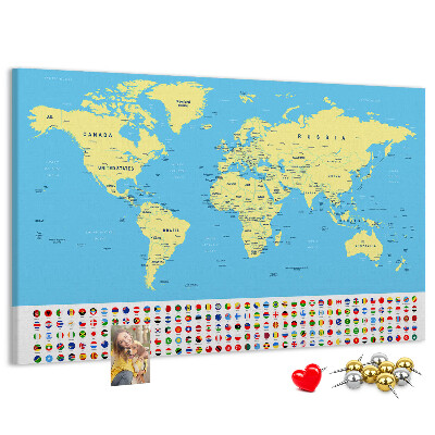 Pizarra de corcho mapamundi con banderas de países