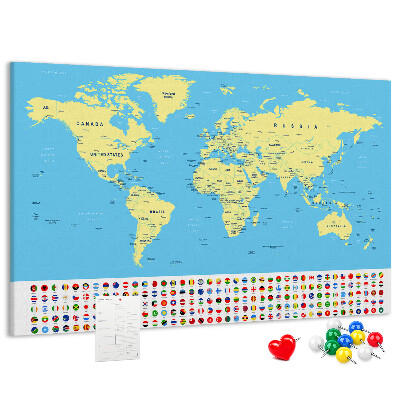 Pizarra de corcho mapamundi con banderas de países