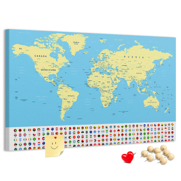 Pizarra de corcho mapamundi con banderas de países