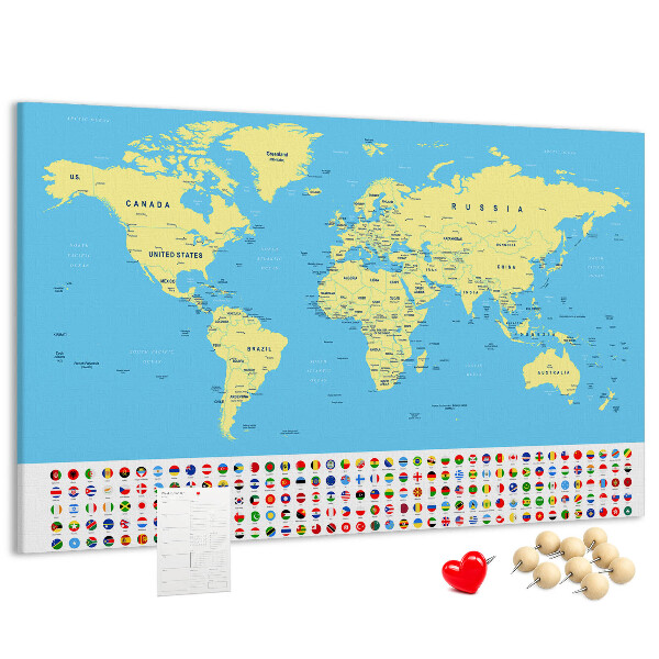 Pizarra de corcho mapamundi con banderas de países