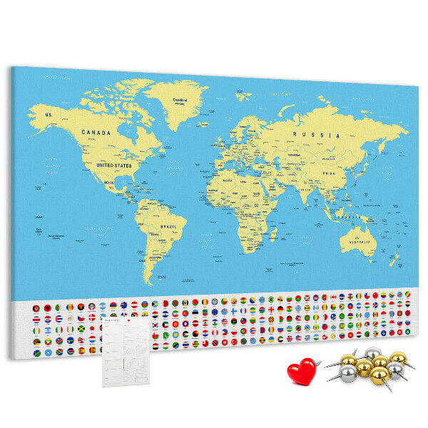 Pizarra de corcho mapamundi con banderas de países