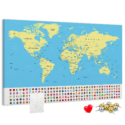 Pizarra de corcho mapamundi con banderas de países