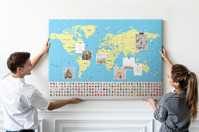 Pizarra de corcho mapamundi con banderas de países