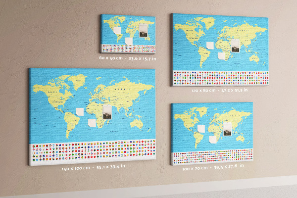 Pizarra de corcho mapamundi con banderas de países
