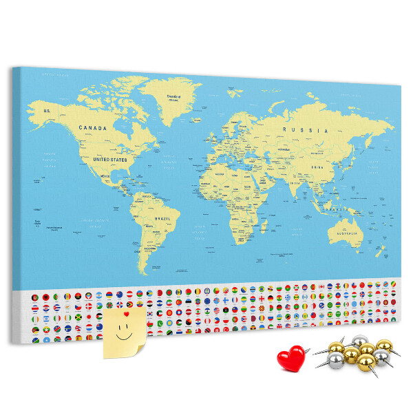 Pizarra de corcho mapamundi con banderas de países