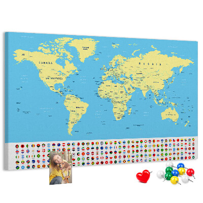 Pizarra de corcho mapamundi con banderas de países