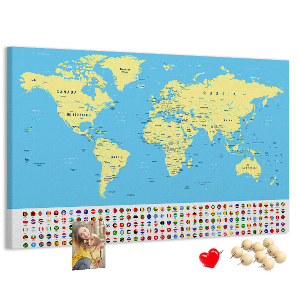Pizarra de corcho mapamundi con banderas de países