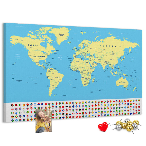 Pizarra de corcho mapamundi con banderas de países