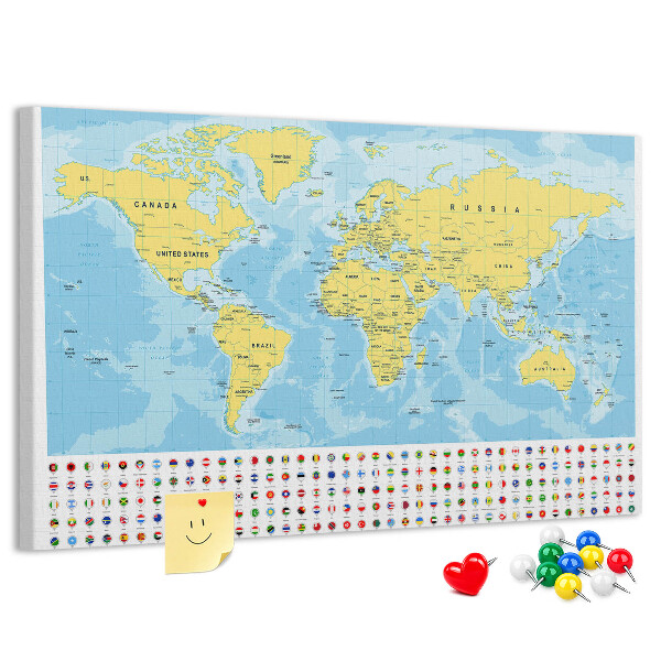 Mapa del mundo con alfileres de colores tablero de corcho decorado