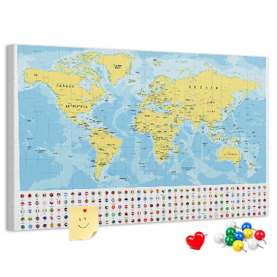 Mapa del mundo con alfileres de colores tablero de corcho decorado