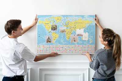 Mapa del mundo con alfileres de colores tablero de corcho decorado
