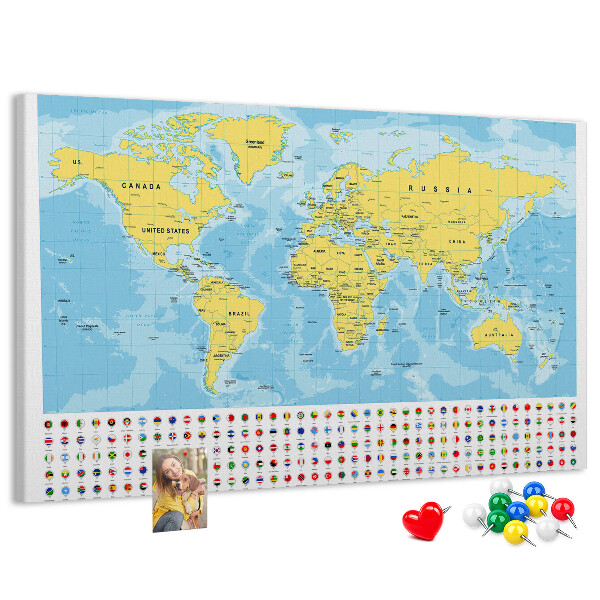 Mapa del mundo con alfileres de colores tablero de corcho decorado