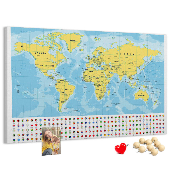 Mapa del mundo con alfileres de colores tablero de corcho decorado