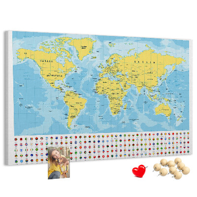 Mapa del mundo con alfileres de colores tablero de corcho decorado