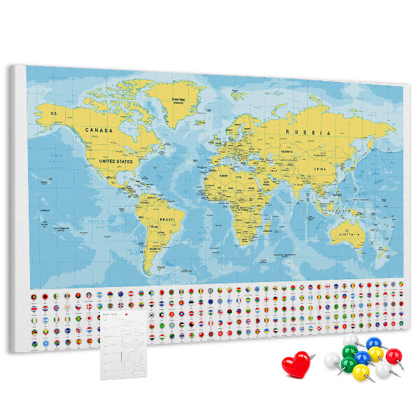 Mapa del mundo con alfileres de colores tablero de corcho decorado