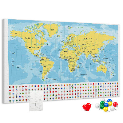 Mapa del mundo con alfileres de colores tablero de corcho decorado