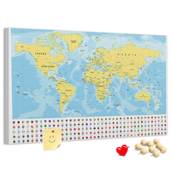 Mapa del mundo con alfileres de colores tablero de corcho decorado